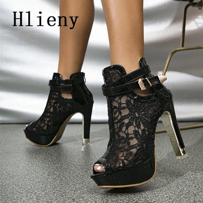 Hlieny Mesh Fabric Platform High Heels Boots