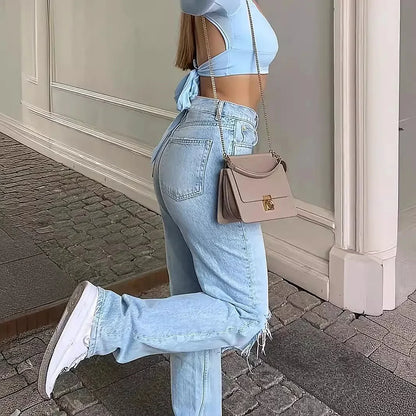 Women's Ripped Knee-Piercing Loose Fit Casual Jeans