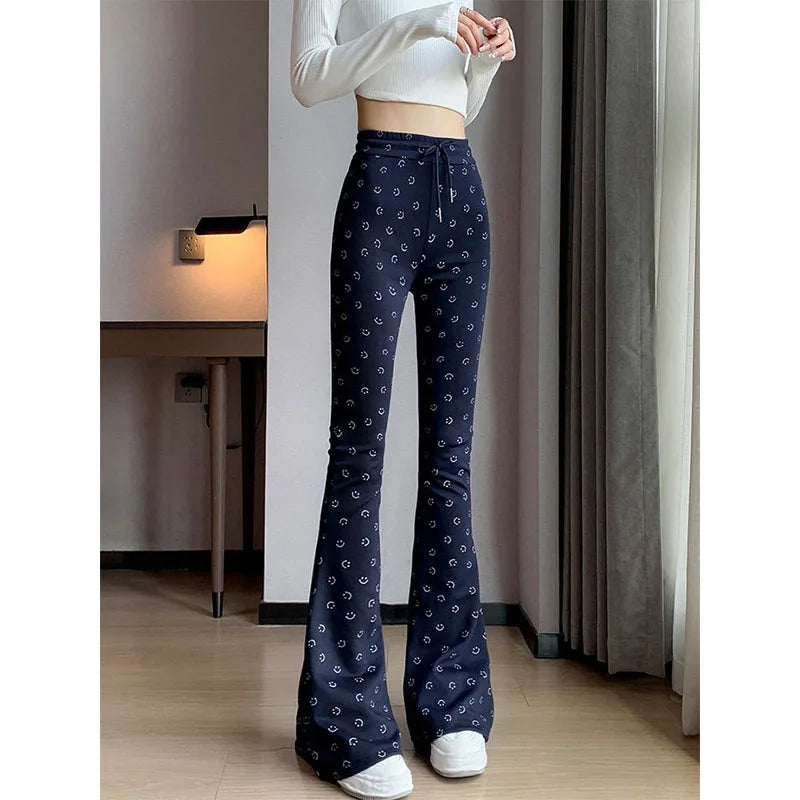 Retro Women's Smiling Face Print Wide-Leg Flared Pants – Slim Fit, Comfortable & Stylish Boho Trousers