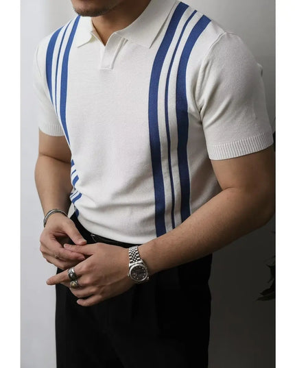 Men's Solid Zipper Knitted Polo Shirt with Lapel