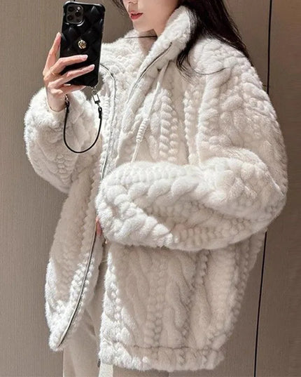 Women's Korean Style Loose Fit Stand Collar Faux Fur Coat