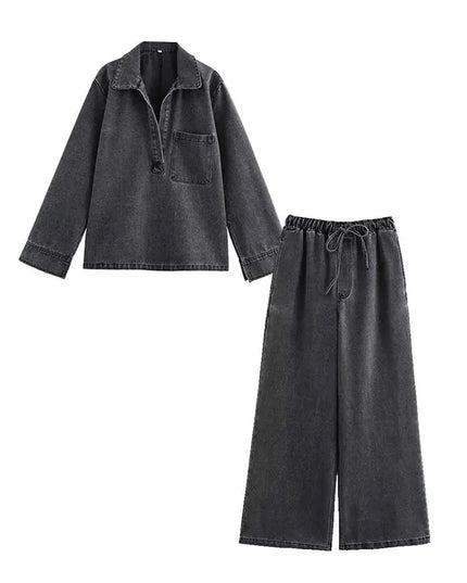 Women’s Two-Piece Sweater Set with Turn-Down Collar & High-Waist Drawstring Pants
