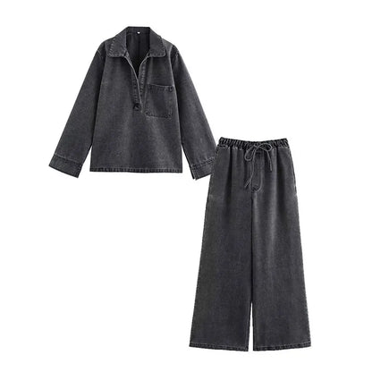 Women’s Two-Piece Sweater Set with Turn-Down Collar & High-Waist Drawstring Pants