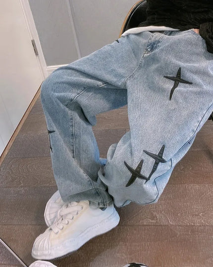 Korean Style Printed Baggy Wide Leg Jeans - Casual Loose Fit Denim with Draped Design