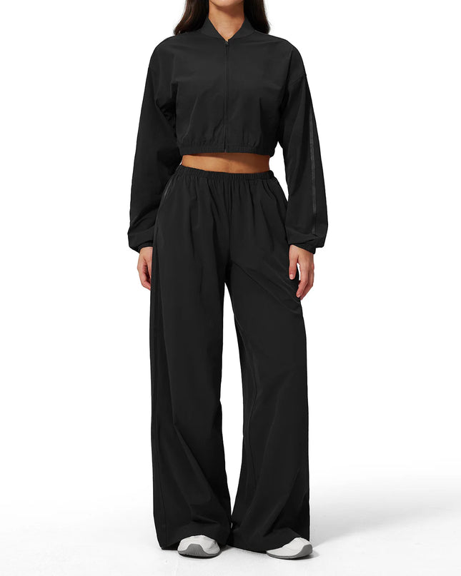 Women’s Two-Piece Set: Zipper Hooded Cropped Jacket and Wide-Leg Pants