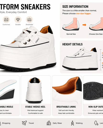 Hidden Heel High Platform Sneakers for Women Chunky Wedge - Genuine Leather
