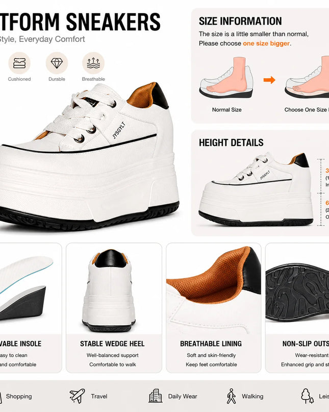 Hidden Heel High Platform Sneakers for Women Chunky Wedge - Genuine Leather