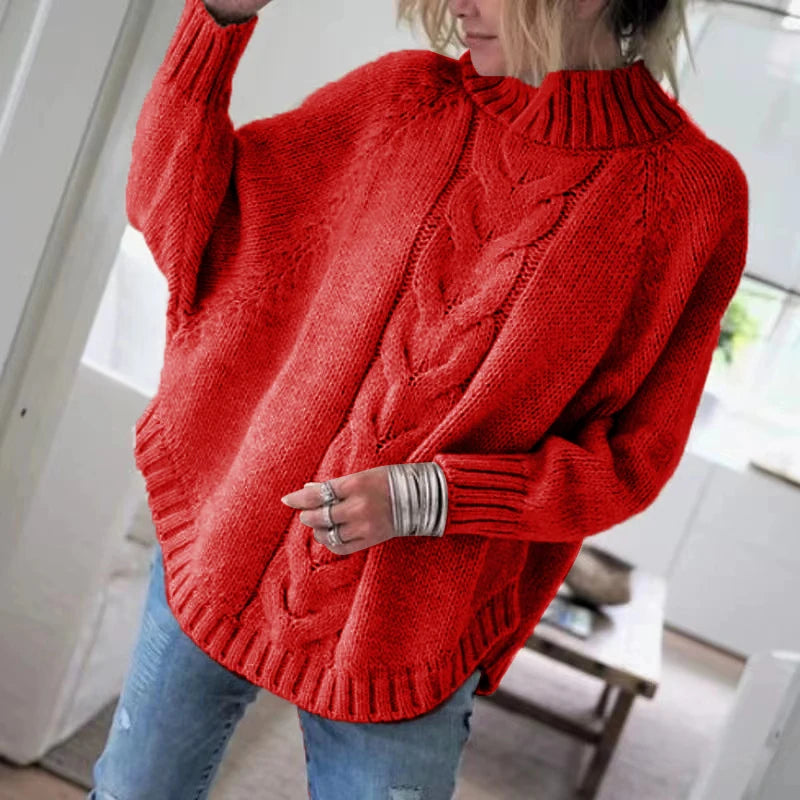 Women's Loose Fit Cable Knit Sweater - High Neck Pullover for Women