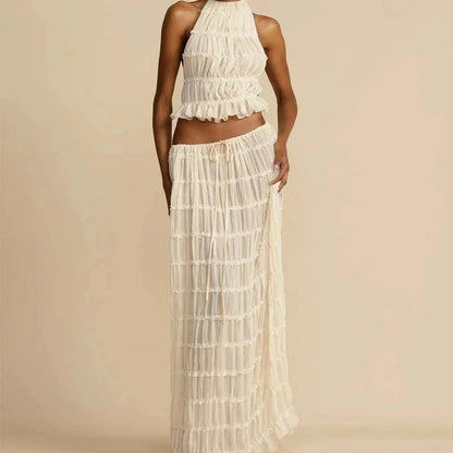 womens Halter Neck Long   Backless Sling Top Lace Up Fold Maxi dress