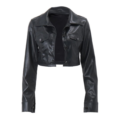 Women's Black Casual Crop Faux Leather Jacket with Long Sleeves and Button Closure