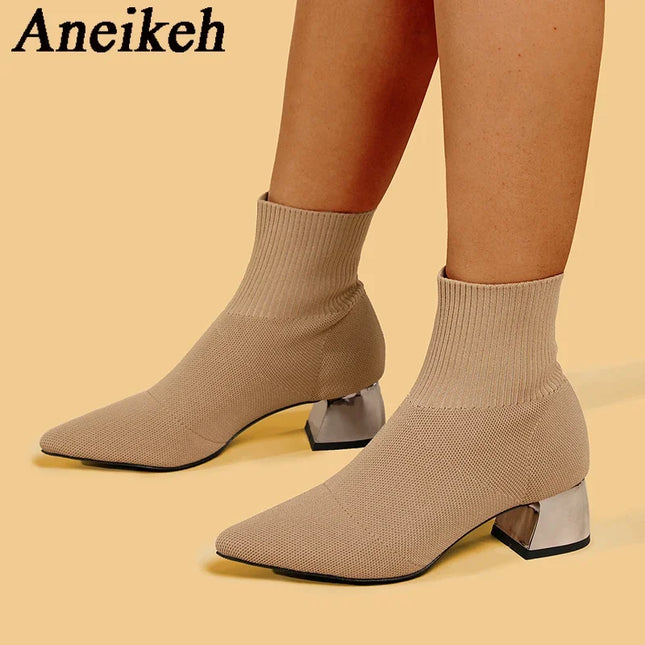 Aneikeh Women's Elegant Knit Stretch Ankle Boots