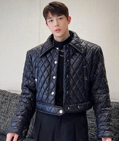 Men's Short Cotton-Padded Jacket with Rhombus Grid Pattern and Thickened Insulation