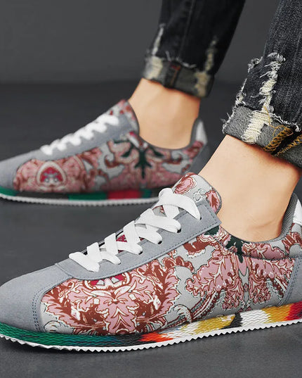 Men's Lightweight Flat Sneakers with Floral Print Design