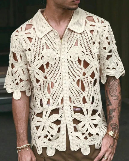 Retro Crochet Men's Shirt with Floral Knit Mesh Design