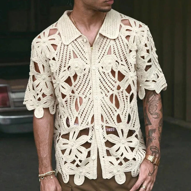 Retro Crochet Men's Shirt with Floral Knit Mesh Design