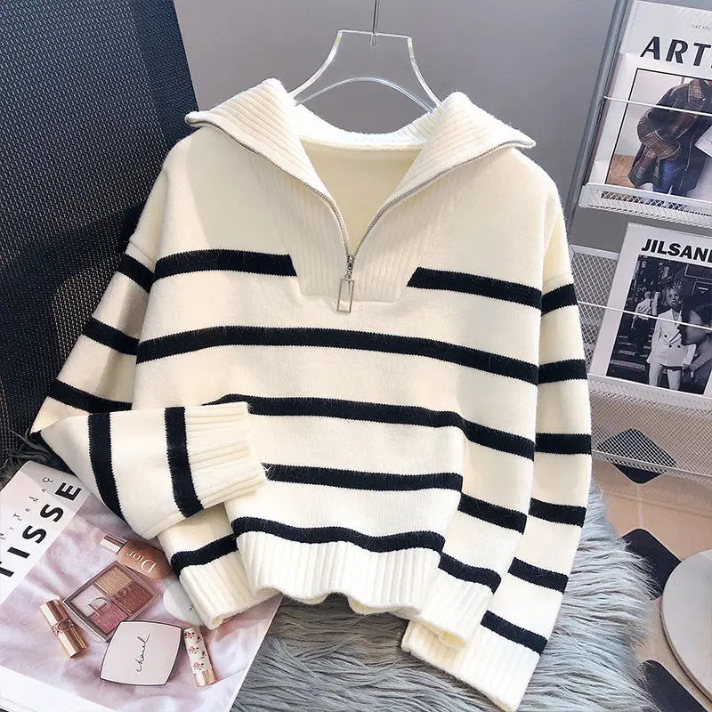 Women's Zippered Stripe Underlay Sweater