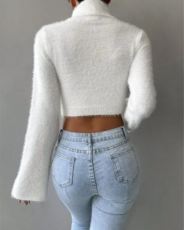 Women's Short Flare Sleeve Mock Neck Cropped Knit Sweater