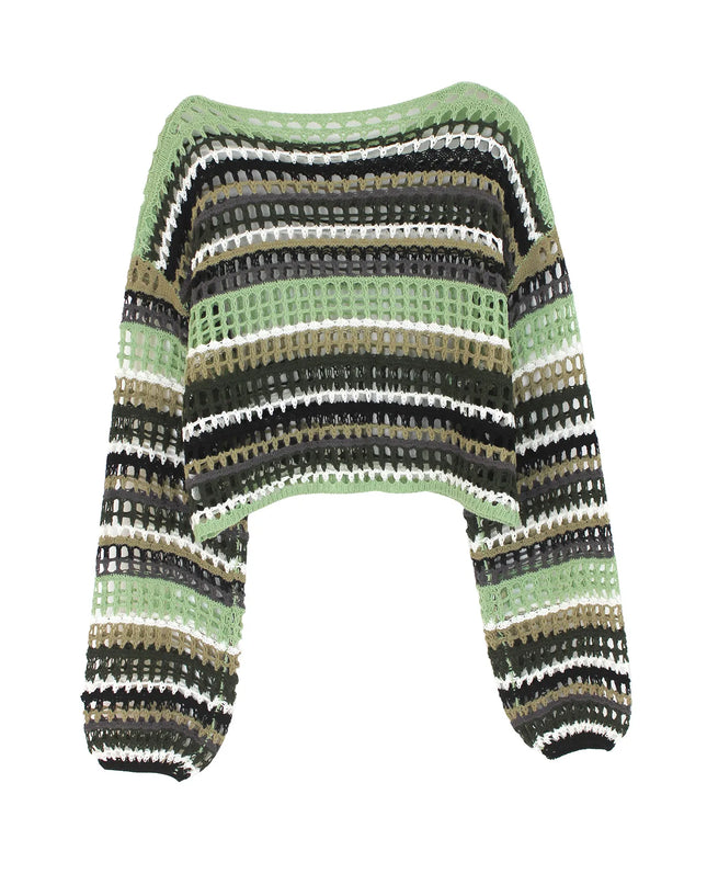 Hollow Long Sleeve Sweater for Women - Stylish Horizontal Striped Knit Top