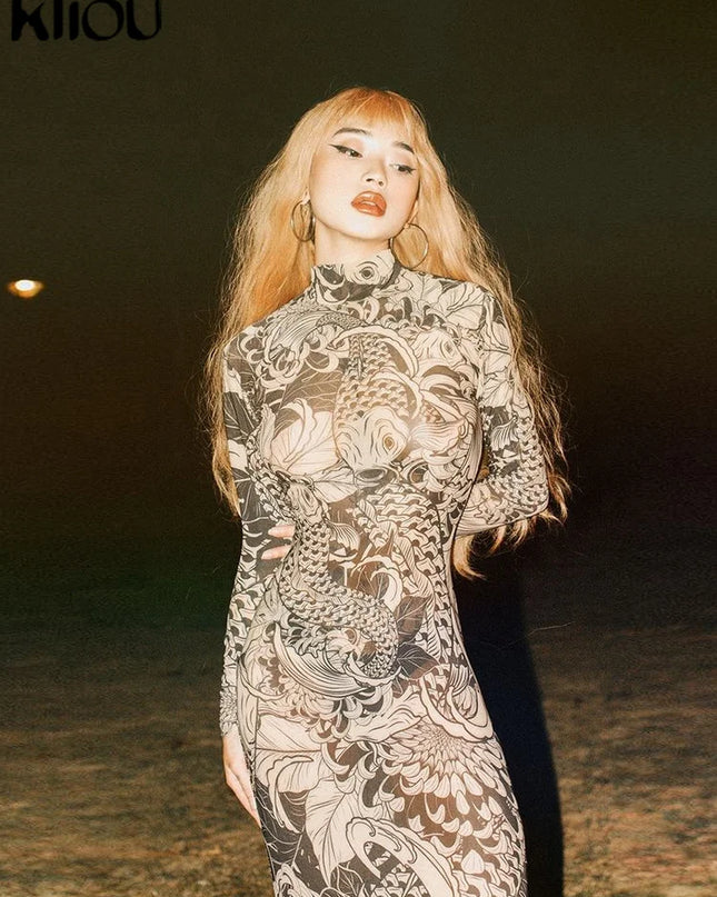 Women's Long Sleeve Mesh Sheer Bodycon Dress