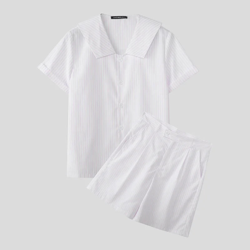 Incerun Men's Two-Piece Striped Short Sleeve Shirt and Shorts Set
