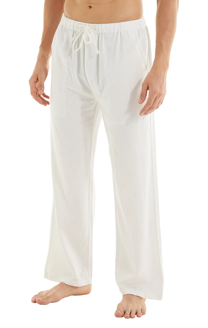 Men's Casual Linen Cotton  Pants Breathable Loos Elastic Waist