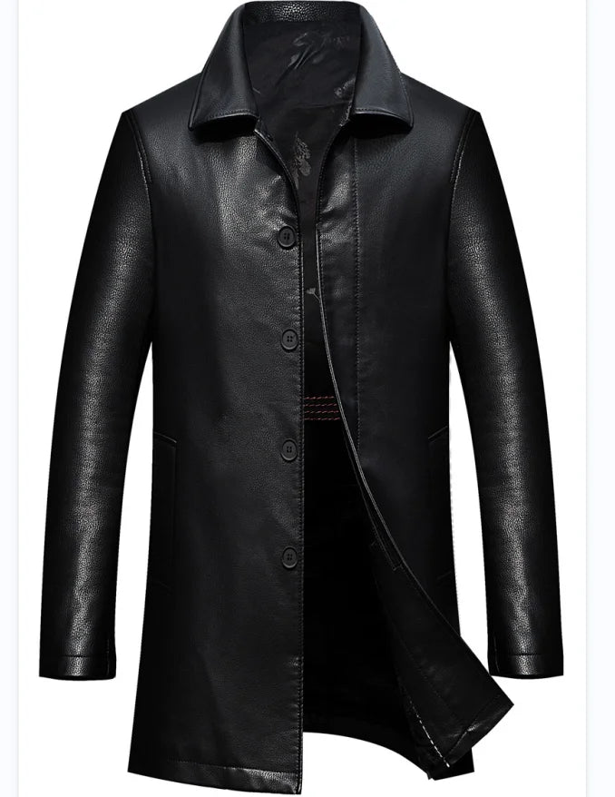 Men's Long Faux Leather Trench Coat with Lapel - Stylish & Durable Leather Outerwear for Men