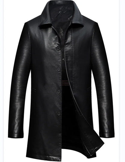 Men's Long Faux Leather Trench Coat with Lapel - Stylish & Durable Leather Outerwear for Men