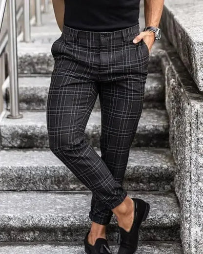 Men's Checkered Plaid Trousers - Mid-Fashion Elastic Waist Pants