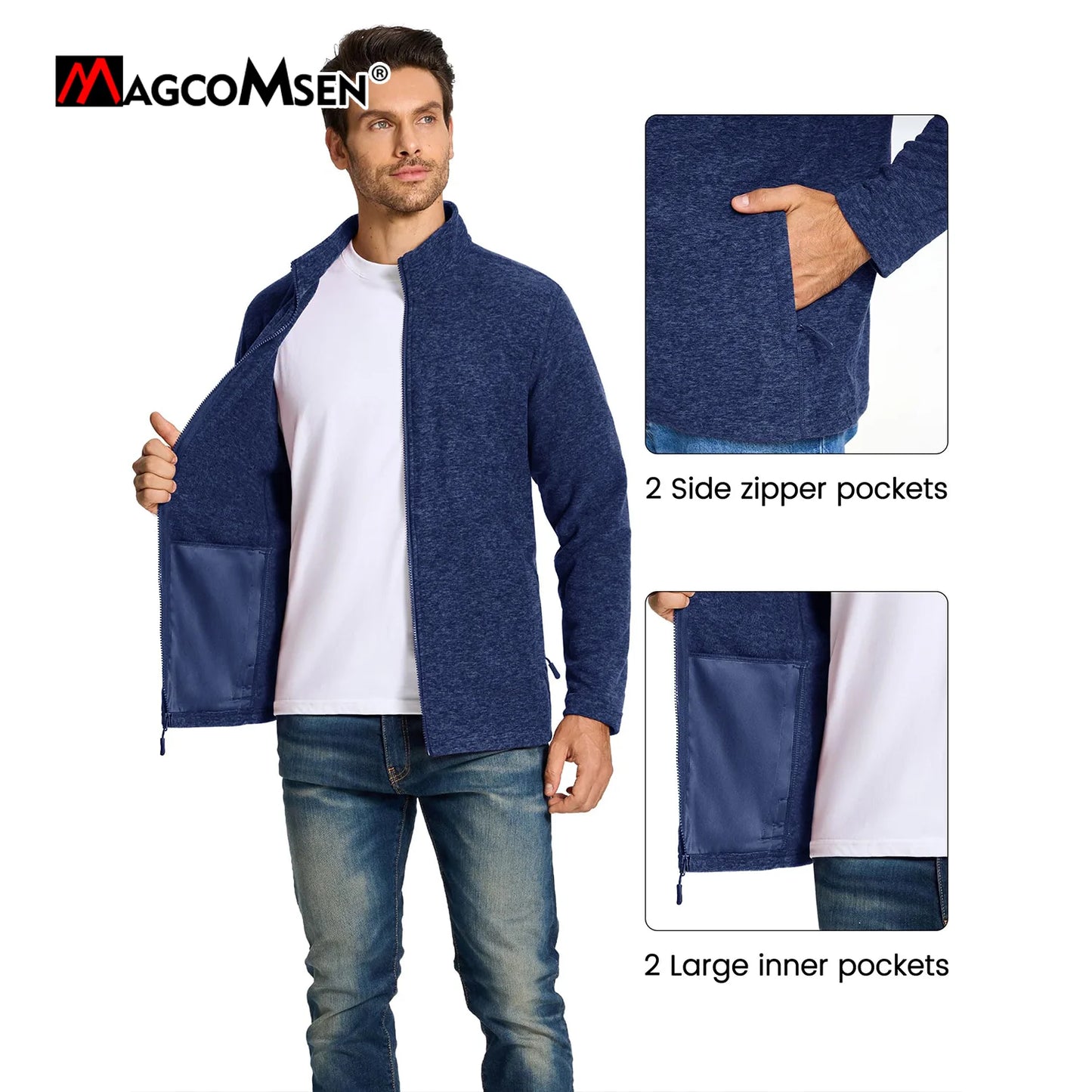 MAGCOMSEN Men's Lightweight Fleece Jacket with Full Zip and Stand Collar