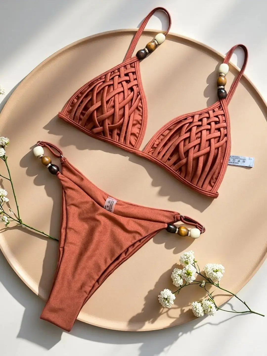 Women's Pearl Strap Bikini with Push-Up Top and Hole Out Design