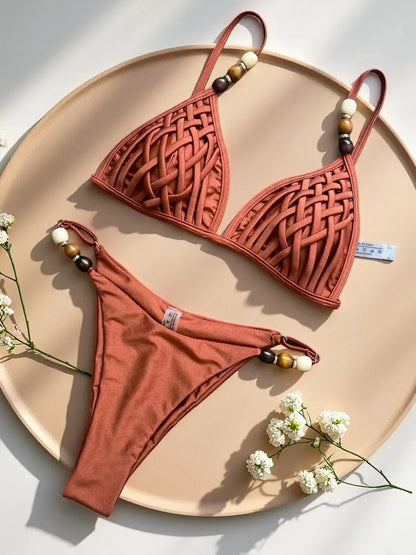 Women's Pearl Strap Bikini with Push-Up Top and Hole Out Design