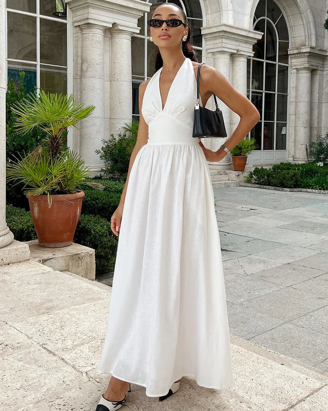 Women's V-Neck Long Cotton Camisole Dress with Waist Cinch