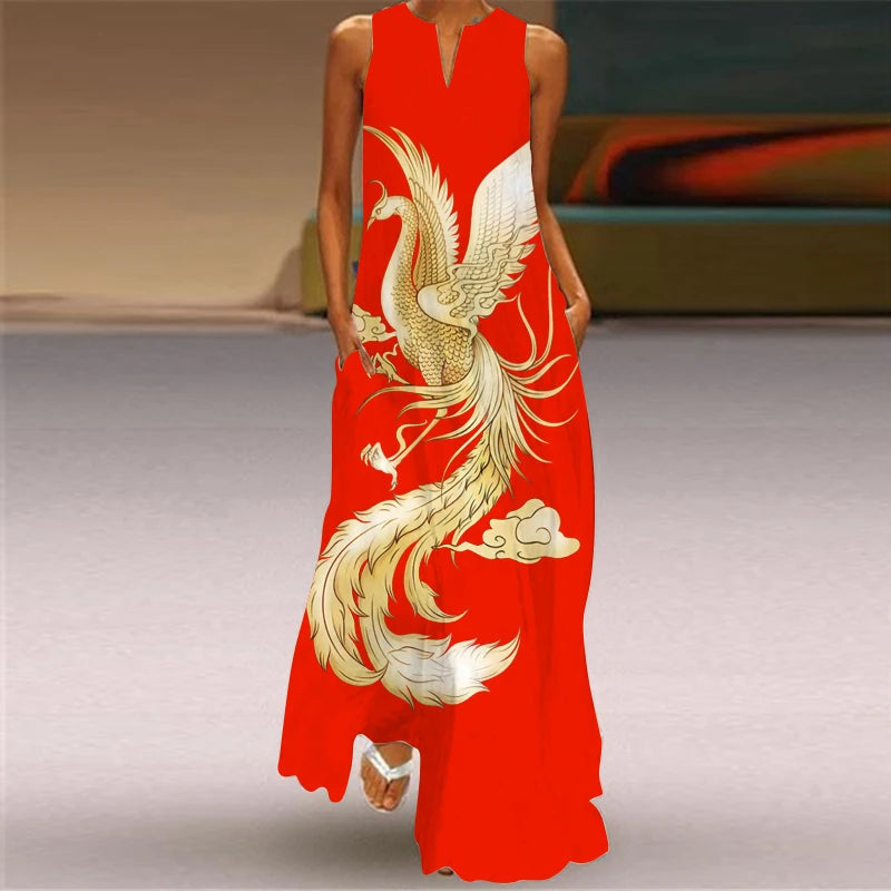 Women's Vintage Boho Printed Sleeveless V-Neck Maxi Dress