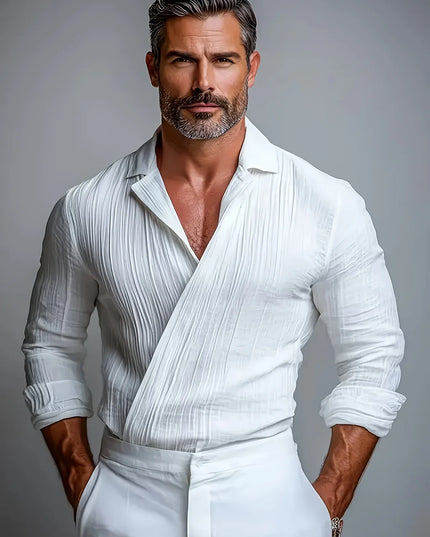 Men's Pleated Textured Long Sleeve Shirt with Lapel, Criss-Cross Design, and Breathable Fabric