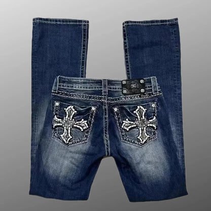 Women's Washed Loose Straight Jeans with Cross Logo