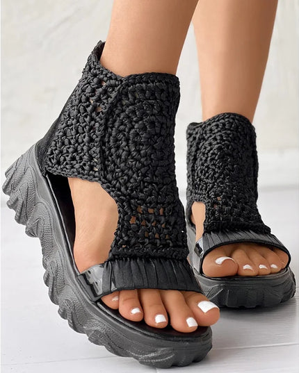 Knitted Women's Sandals with Braided Elastic and Mesh, Flat Bottom Design