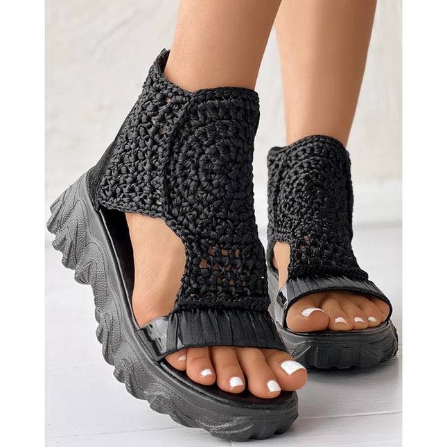 Knitted Women's Sandals with Braided Elastic and Mesh, Flat Bottom Design