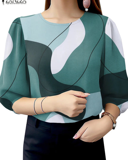 ZANZEA Women's Elegant Color-Blocked 3/4 Puff Sleeve Blouse