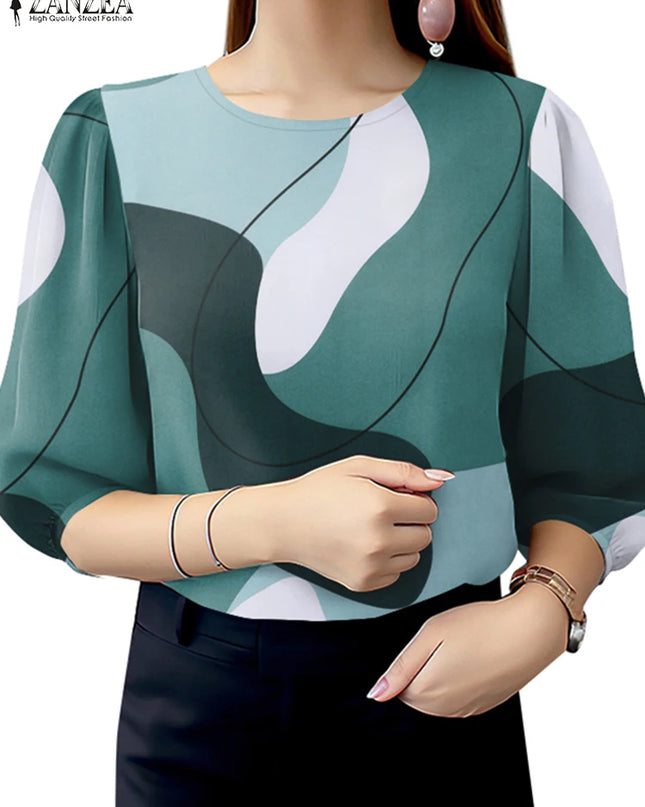 ZANZEA Women's Elegant Color-Blocked 3/4 Puff Sleeve Blouse