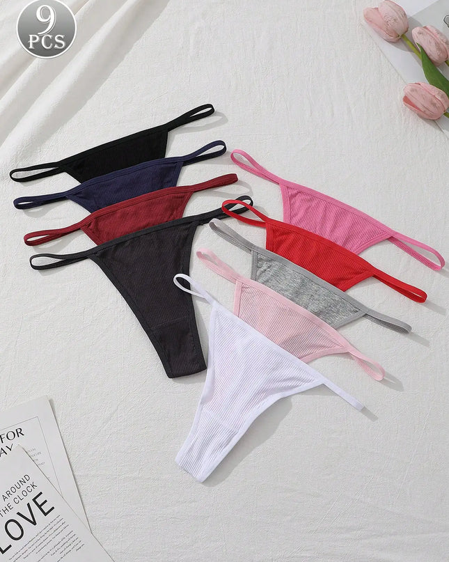 Set of 9 Women's Ribbed Low-Waist Seamless Thong Panties – Soft, Breathable Briefs