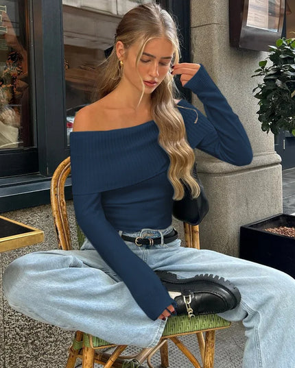 Women's Off-Shoulder Ribbed Crop Top with Slash Neck Design