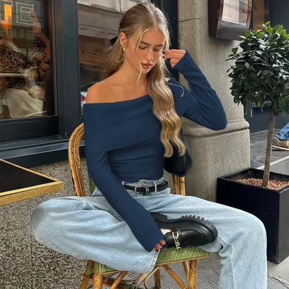 Women's Off-Shoulder Ribbed Crop Top with Slash Neck Design