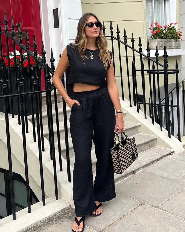 Women's Cotton Linen Two-Piece Vest and Pants Set