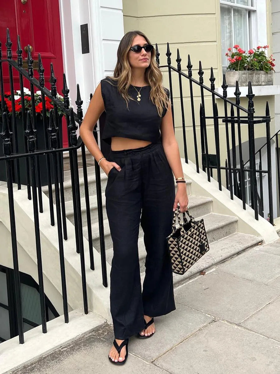 Women's Cotton Linen Two-Piece Vest and Pants Set