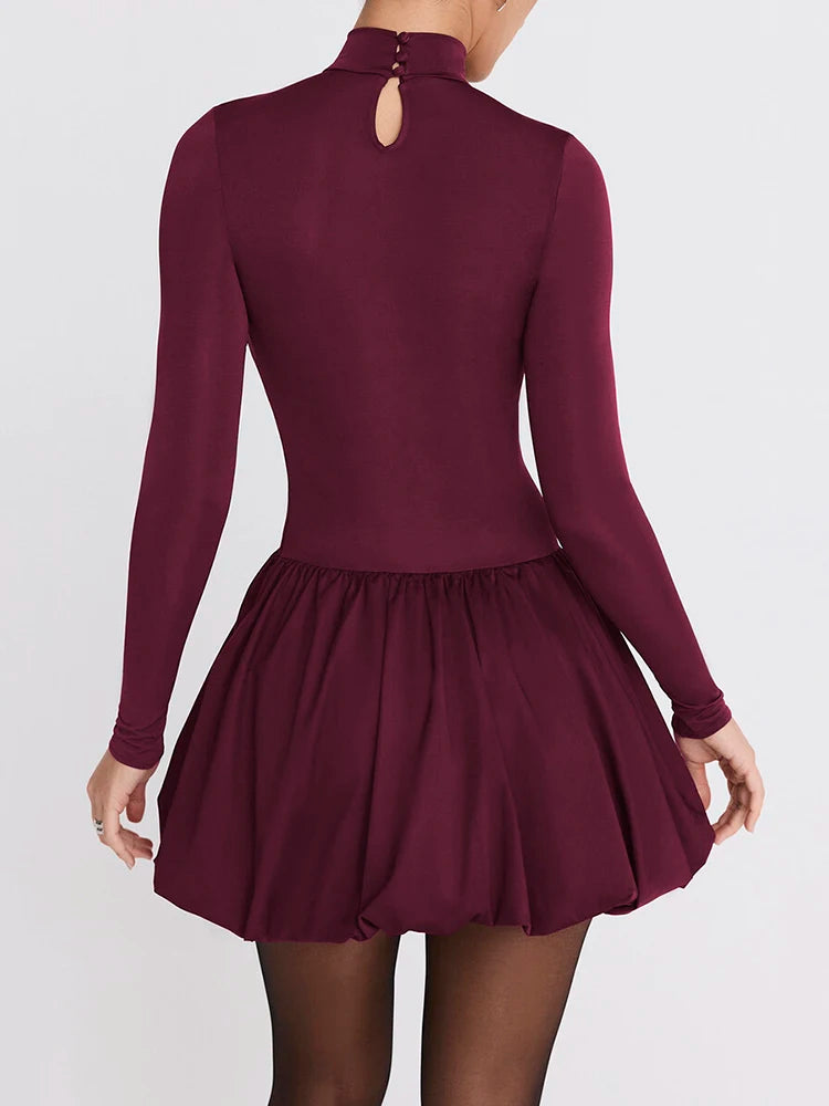 Women's Turtleneck Long Sleeve Mini Dress - Pleated Bodycon Dress