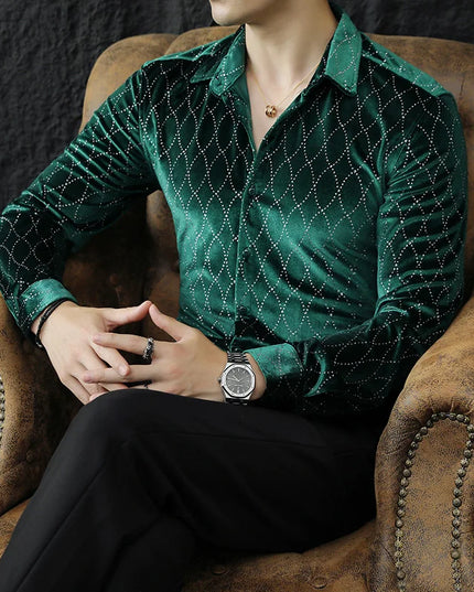 Luxury Velvet Men's Slim Fit Shirt with Grid Pattern