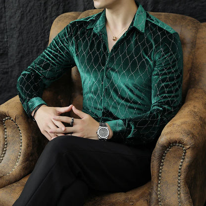 Luxury Velvet Men's Slim Fit Shirt with Grid Pattern