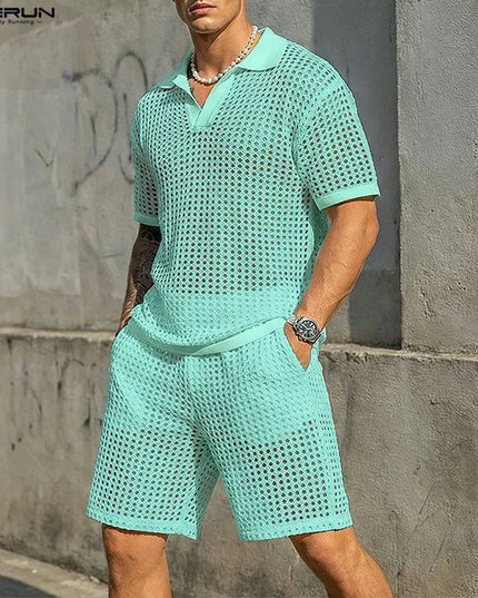 Incerun Men's Two-Piece Hollow Out Lapel Short Sleeve T-Shirt and Short Set