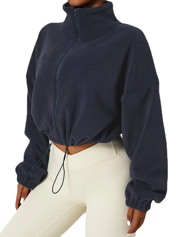 Women Crop Coat   Casual Fleece Jacket   With Stand Collar Loose Lined Outerwear
