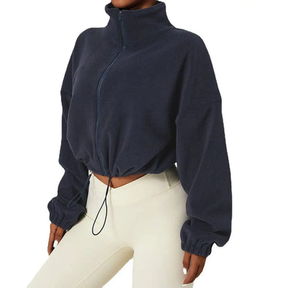 Women Crop Coat   Casual Fleece Jacket   With Stand Collar Loose Lined Outerwear